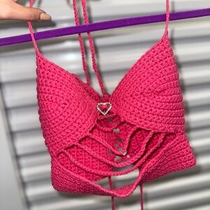 Pink Crochet Halter Top with Heart Detail